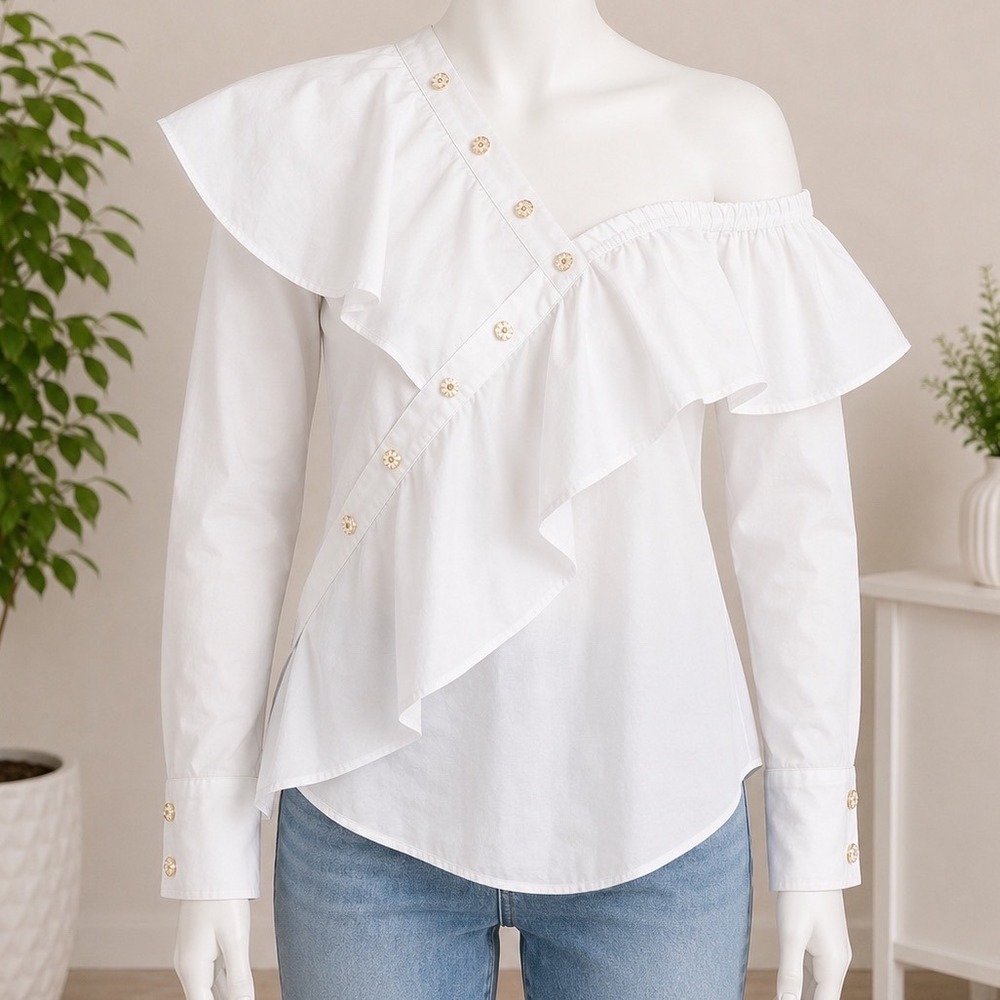 V Cristina White Cotton Ruffle Asymmetric Off Shoulder Blouse Floral Buttons S